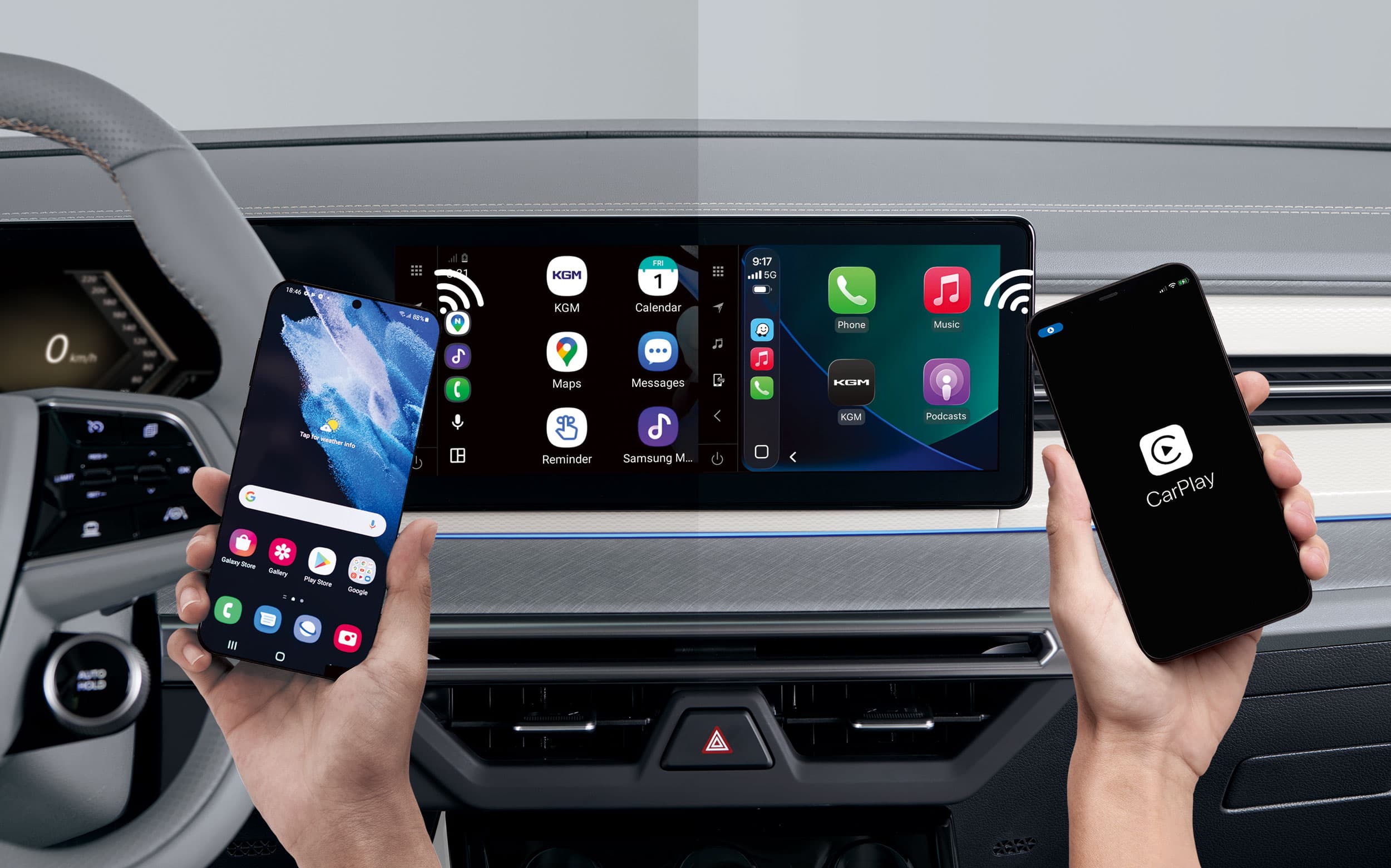 Two hands holding smartphones with KGM Torres EVX dashboard display. One phone shows Android Auto, the other shows Apple CarPlay, both connected to the screen.