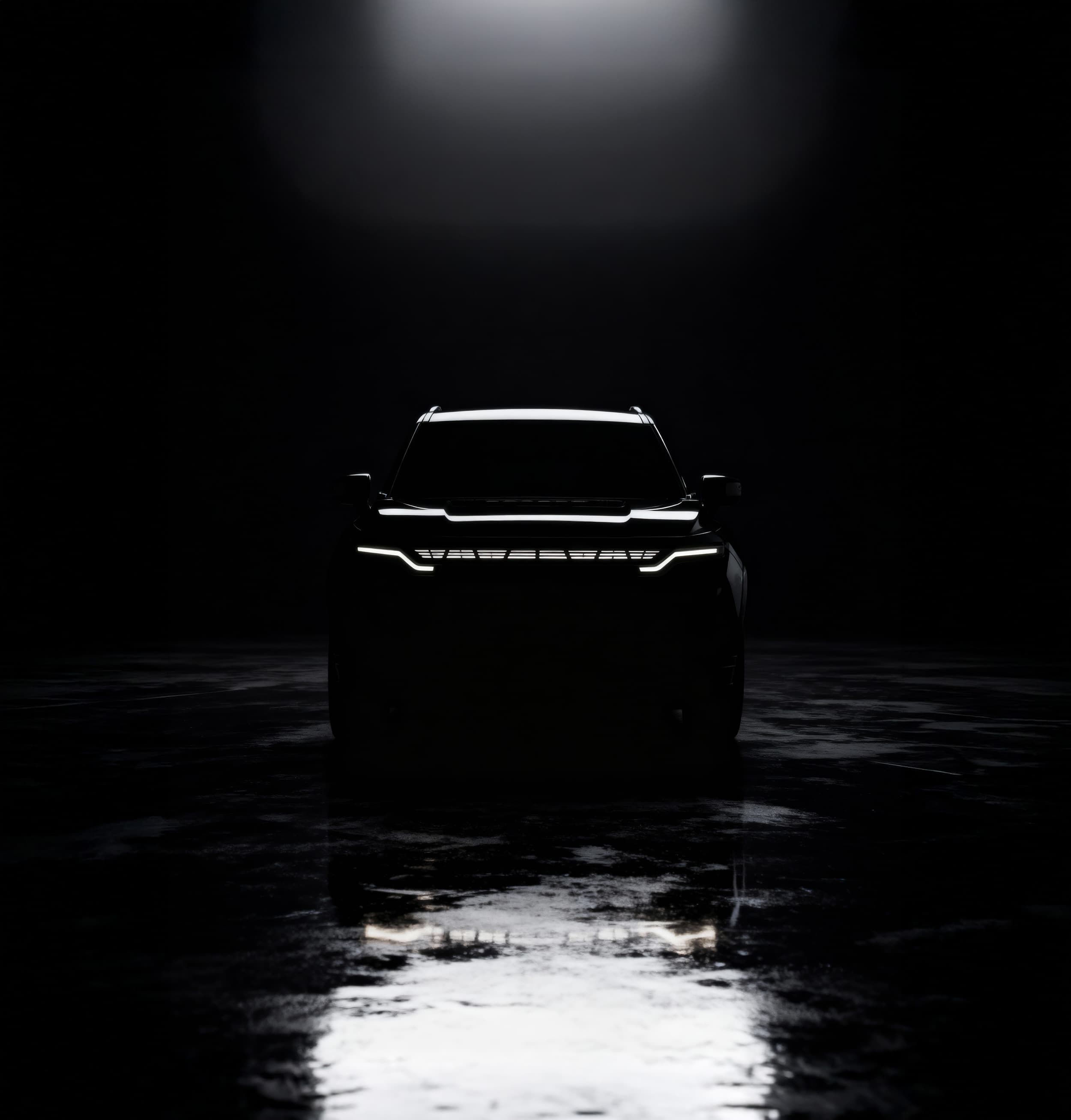 A car is silhouetted against a dark background, with its headlights and outline subtly illuminated, reflecting on a glossy surface.