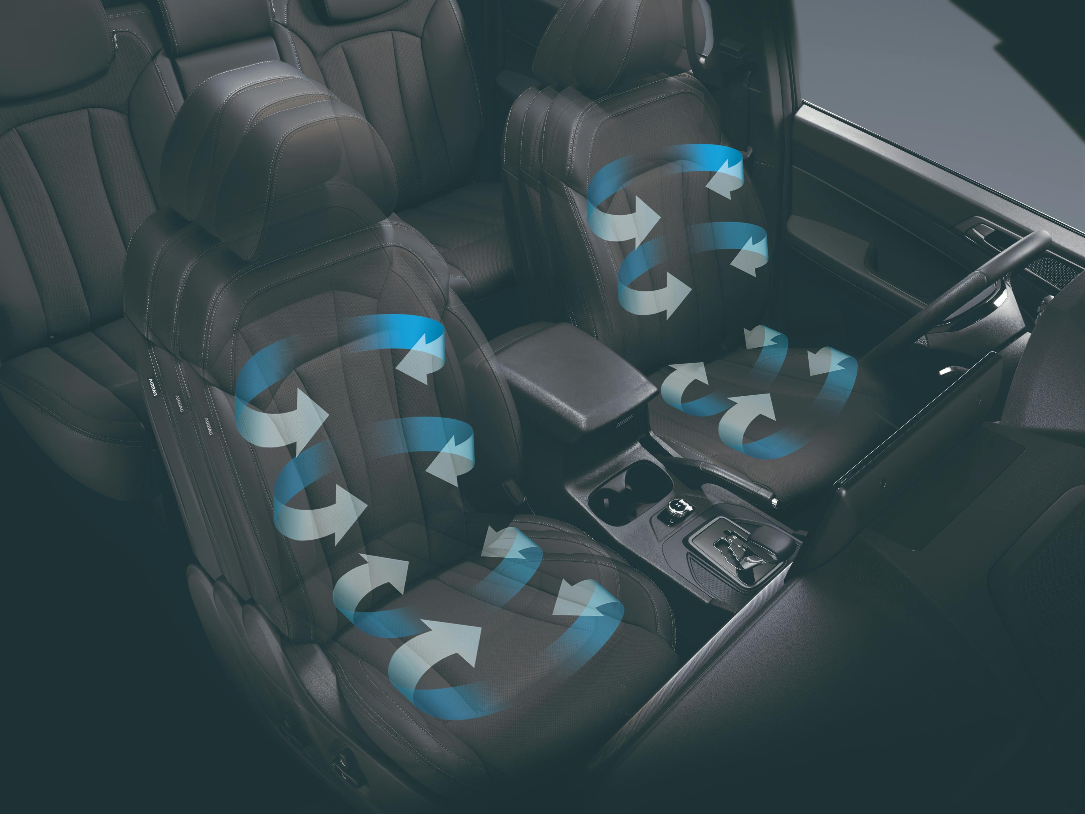 De zwarte zetels van een Grand Musso pick-up, waarbij met blauwe pijlen de ventilatie wordt aangegeven